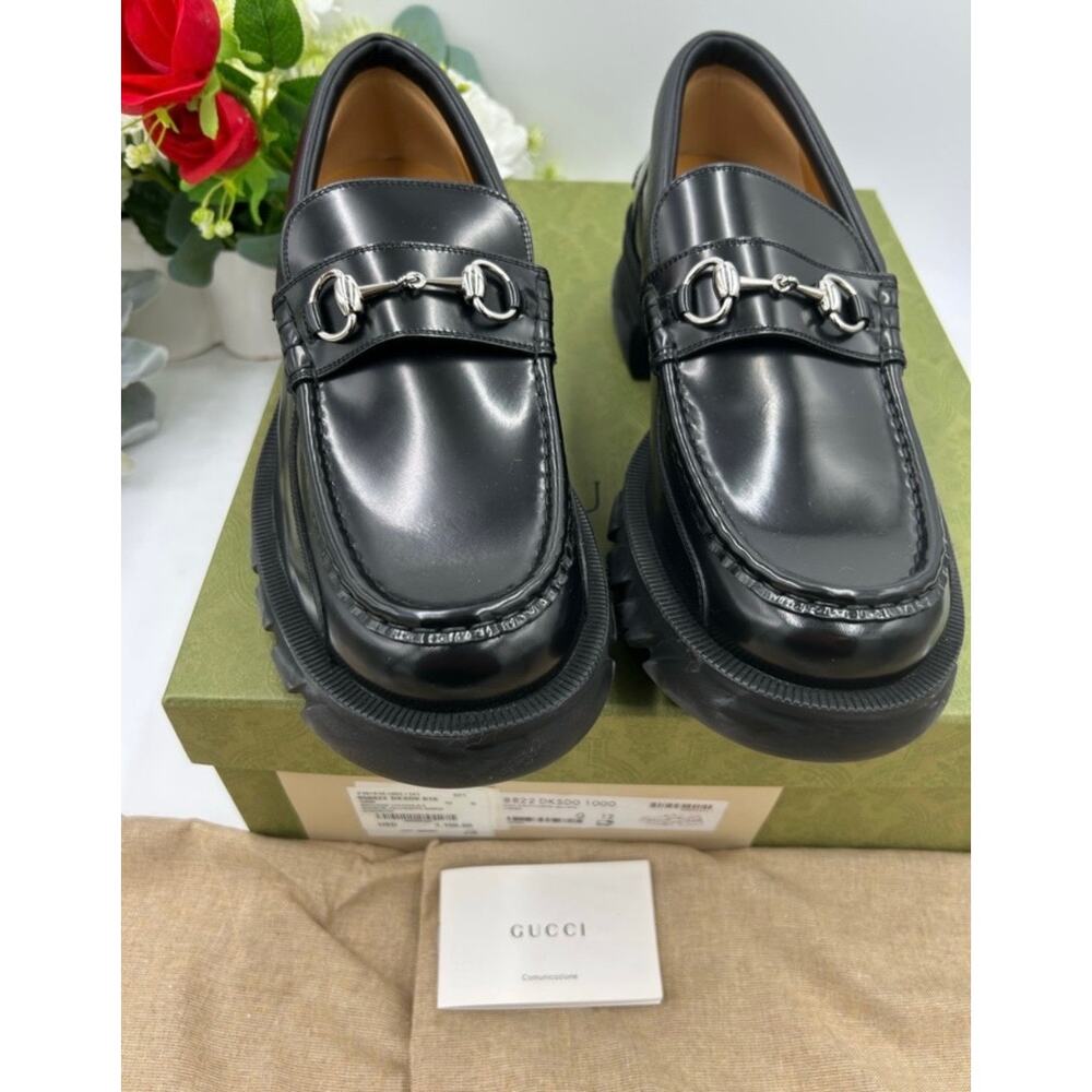Men's Gucci Men's Black Leather Horsebit Lug Sole Loafers size 12 made in Italy - Picture 2 of 12